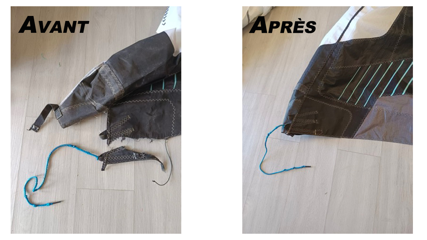 avant / après réparation aile de kite