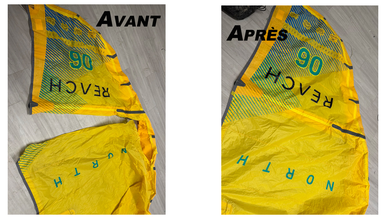 avant / après réparation aile de kite